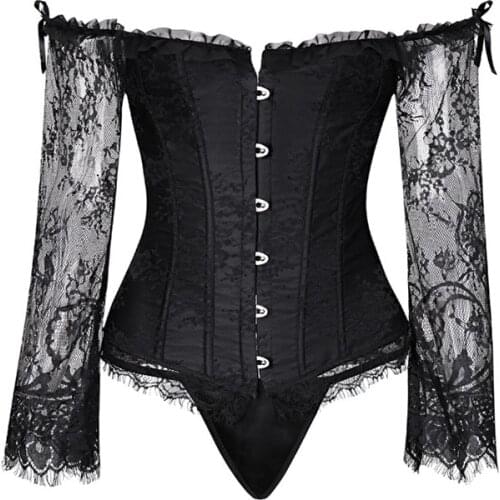 Vintage Corsets And Bustiers Long Sleeves Renaissance Overbust Corset Plus Size Women Lace Floral Sexy Corselet Top Burlesque