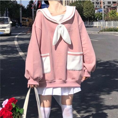 Japanese Sweet Soft Girl Sweatshirt Kawaii Sailor Collar Bow Pullover Cute Bear Ears Embroidery Pocket Full Sleeve Sweatshirts