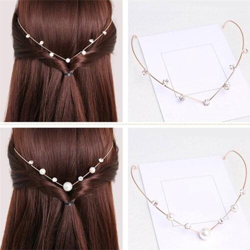 Back Hold Headbands Crystal Alloy Hairbands Pearl Leaf Headwear Girls Vintage Hair Band Rhinestones Hair Accessories Headdress