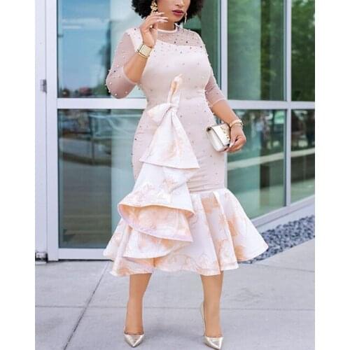 Qiu dong long skirt 2020 web celebrity sexy nail bead package buttocks long-sleeved round collar dress skirt