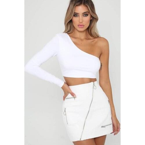 One Shoulder Slope Neckline T Shirt Sexy Solid Long Sleeve Womens Tshirt White Black Crop Top T-shirt 2021 New Fashion