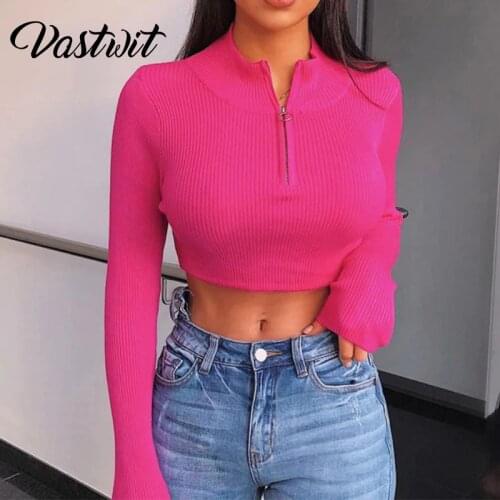 Long Sleeve Stand Collar Ribbed Korean Style Women T-Shirts Spring Summer Bright Neon Color Zipper Slim Street Sexy Y2k Crop Top