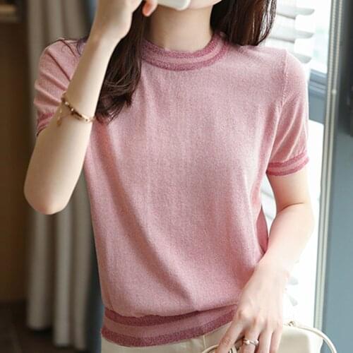 Women Summer Knit Crop T Shirt Short Sleeve Contrast Color Bright Silk Edge O Neck Tshirt Chic Pink Beige Tee Shirt Female Top
