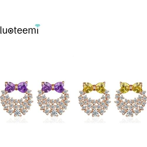 LUOTEEMI Wholesale Rose Gold-Color Pink & Yellow Cubic Zircon Paved Cute Stud Earrings for Delicate Women Delicate Jewelry