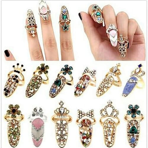 12 Styles Rhinestone Fingernail Protective Fashion Jewelry Bowknot Crown Nail Ring Crystal Zircon Finger Nail Rings For Women