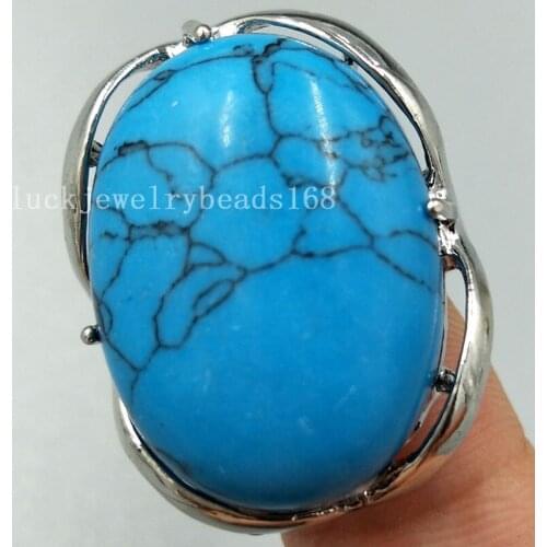 Free Shipping Women Fashion Jewelry 18x25MM Blue Howlite Oval Women Men Bead Ring 6.5~12" US Adjust C5097