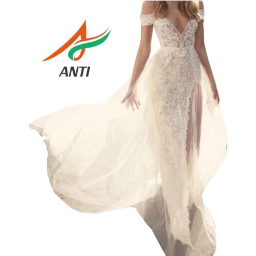 ANTI 2019 New Evening Dress Deep V-neck Backless White Lace Floor-length Lllusion Formal Bride Gowns Vestido De Noiva