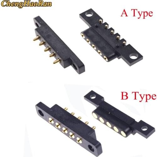 1pairs Spring Loaded Pogo Pin Connector 5 Pin 2.54 mm Pitch Through Holes PCB Vertical With Flange Panel Mount Single Row Strip