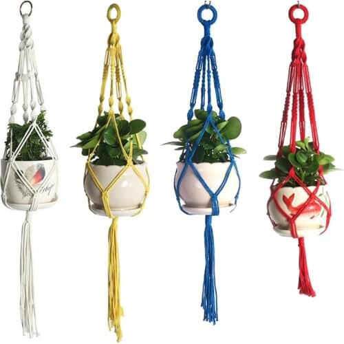 1Pc Handmade Colorful Macrame Plant Hanger Indoor Outdoor Flower Hanging Basket Cotton Rope 4 Legs Balcony Pot Hanger Room Decor
