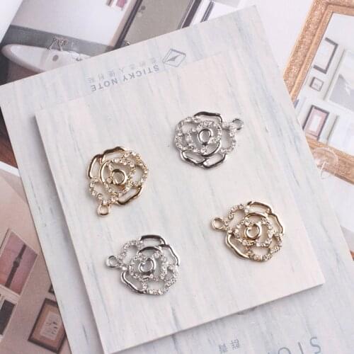 10PCS/Lot Silver Gold Color Tone Rose Flower Shape Charm With Rhinestone Charms Fashion Jewelry Accessories for DIY Craft