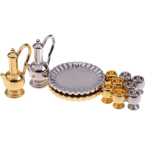 6pcs/set 1: 12 Dollhouse Miniature Alloy Wine Sets Plate flagon Kitchen Dining Ware Toy