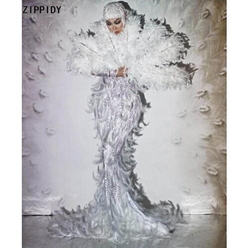 Sparkly Rhinestones White Feather Dress Full Stone Big Tail Dress Outfit Prom Birthday Celebrate Floor-length Dresses