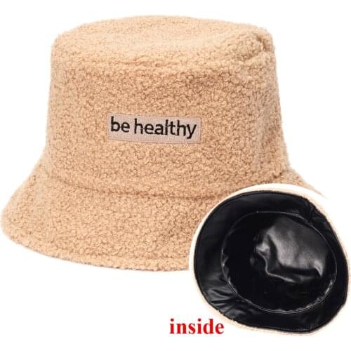 Brand two sided faux fur leather Winter Bucket Hat For Women Letter Embroidery Warm Outdoor Fishing Cap Girl Korea fisherman hat