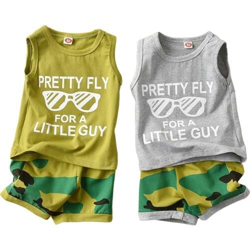 FOCUSNORM 2pcs Infant Baby Boys Causal Clothes Sets 0-5Y Cartoon Printed Sleeveless Vest Tops Camouflage Shorts