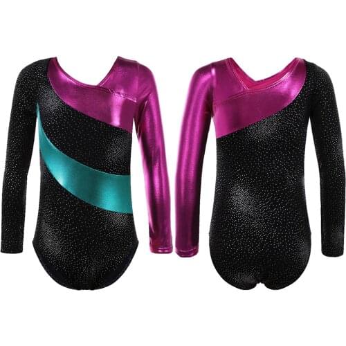 Sleeve Gymnastic Leotard Girls Metallic Fabric Shiny Gym Leotards Acrobatics for Kids Sparkle Long Sleeve Ballet Dance Bodysuits