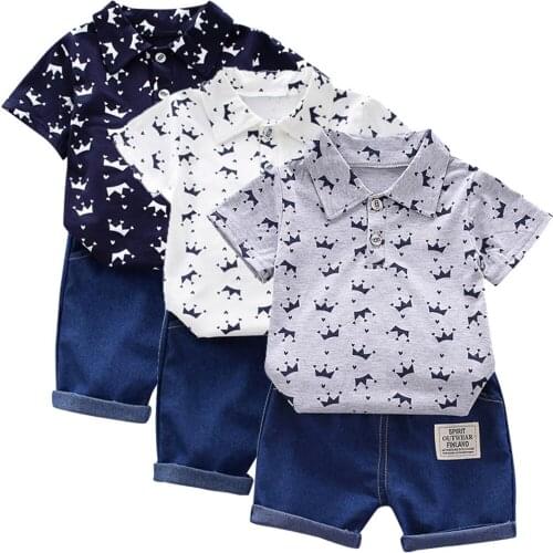 Baby Boy Clothing Set Summer Newborn Clothes Toddler Kids Baby Boy Short Sleeve Crown Pattern Shirt Tops+ Denim Pants Set