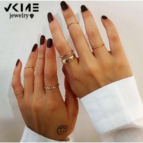 VKLME Boho Gold Rings Set Wedding Resin Ring For Women Punk Geoemtric Multilayer Chain Rings Jewelry Accessories