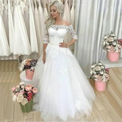 New Design Off Shoulder Lace Wedding dress Boat Neck A-neck Half Sleeves Dress Up Appliqued Bridal Gowns Vestidos De Novia