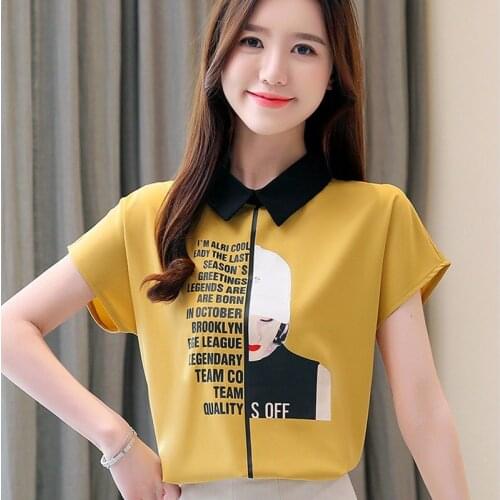 Summer Blouse Womens Turn Down Collar Short Sleeve Letter Print Pullover Chiffon Blousees Feme