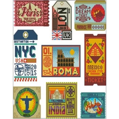 World stamp patterns counted 11CT 14CT 18CT DIY Cross Stitch Sets wholesale Cross-stitch Kits Embroidery Needlework