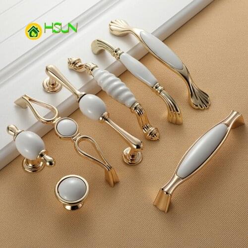 Newest Metal Ceramic Furniture Cupboard Drawer Cabinet Handle Knob Pull Door In Gold With White Color