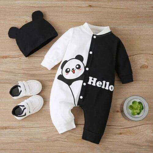 Baby Boy Clothes Winter 2 Piece Cotton Lovely Cartoon Panda Letter Patchwork Single Breasted Long Sleeve Baby Romper+hat 0-18M