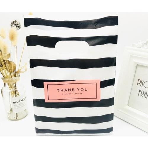 Pink Black Thank You 20x30cm Black White Stripes Plastic Handles Bag Plastic Boutique Jewelry Gift Bags With Handle 50pcs