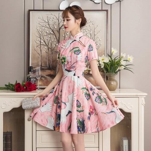 Cheongsam Summer for Girl Pink Crane Flower Print Chiffon Slim A-line Skirt Chinese Style K069