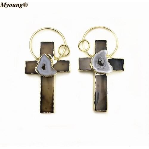 Agates Black Cross Pendants,Geode Paved Gold-Plated Loop Necklace For DIY Jewelry Making MY210445