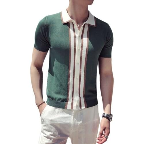 Stripe Contrast Knit Polo Shirt British Men Fashion Short Sleeve Polo Camisa Masculina Polo Playera Polo Hombre Black Green