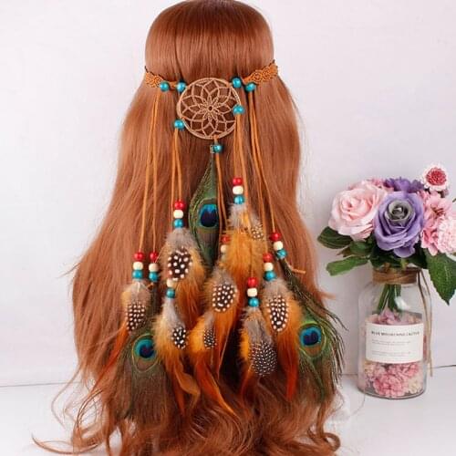 Dream Catcher Feather Headband Hippie Women Dreamcatcher Headband Indian Colored Beaded Artificial Peacock Feather Adjustable