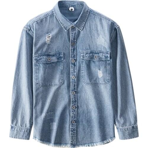 Ripped Denim Shirt for Men Turn-down Collar Cotton Vintage Tops Male Fashion Double Pocket Decoration Cowboy Clothes 2021 New