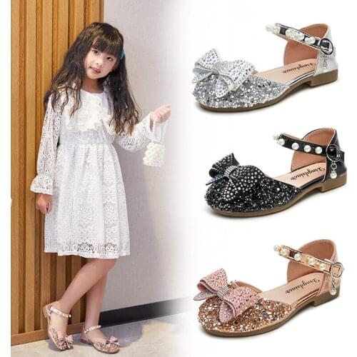 Girls Princess Shoes Bling Pearls Ankle Strap Sandals Glitter Dance Wedding Show Cover Toe Kids Shoes Soft Anti-slip Toddlers