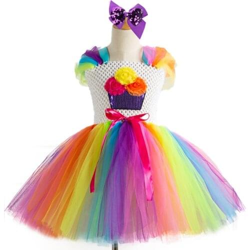 POSH DREAM Colorful Candy New Flower Pot Sequined Girls Tutu Dresses with Headband Handmade Tulle Christmas Children Clothing