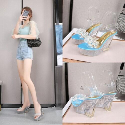 Sexy Catwalk Pole Dance Pumps New PVC Transparent Platform Wedge Heel Women Sandal 10CM Ankle Straps Buckle Crystal High Heels