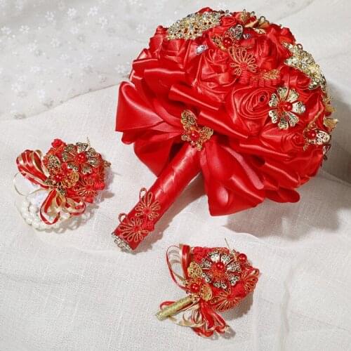 Vintage Red Wedding Rhinestone Pearl Bouquet Bride Artificial Flower Bridesmaid Gift Hydrangea Chinese Marriage Props