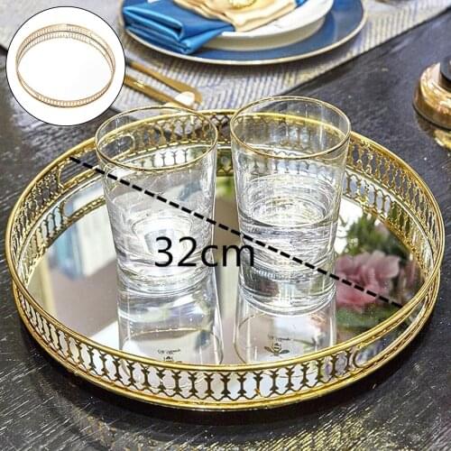 Vintage European Glass Metal Storage Tray Gold Plate Desktop Small Items Jewelry Display Tray Mirrored Plate