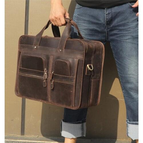 Vintage Genuine Leather men briefcase fit 14 inch laptop Business handbag Cow leather Double Layer messenger bag PC work tote