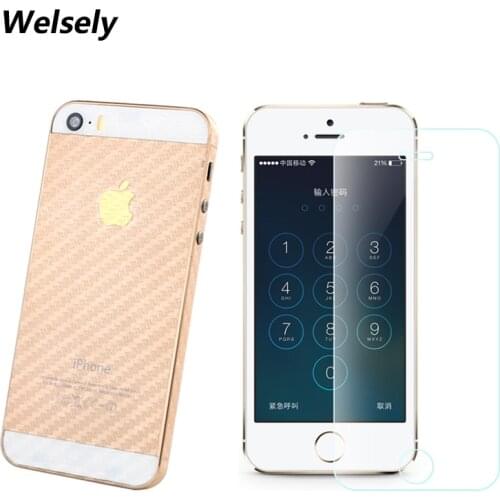 For iPhone 5 5s se 5 S Rear Back cover Protector 3D Carbon Fiber + Tempered Glass Screen Protective Film non-slip Accessories