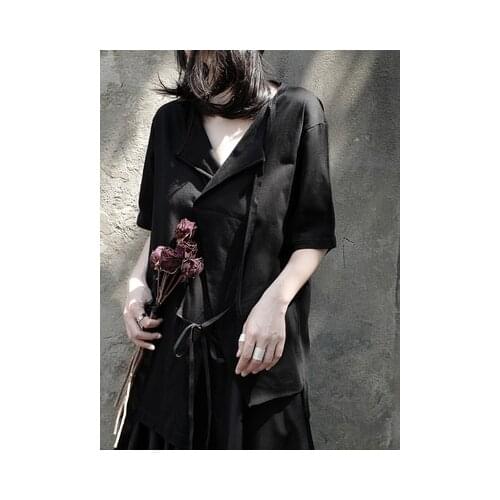 Women Black Hem Vent Irregular Stitch Big Size T-shirt New V-Neck Half Sleeve Fashion Tide Spring Summer 2020 1W294