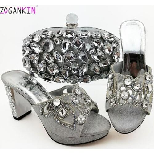 Silver Color New Women African Shoes with Matching Bag Set 2019 for Party Wedding High Heels Slippers and Bag Set with Crystal