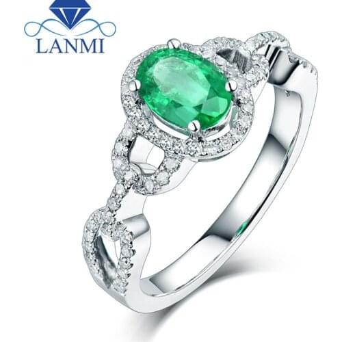 Oval 5x7mm Natural Gemstone In Solid 14Kt White Gold Green Emerald Ring Diamond Jewelry for Women G090458