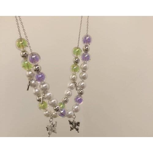 2021 New Y2K Stained Glass Bead Butterfly Pendant Necklace for Women Metal Fashion Charms Clavicle Chain Necklace Jewelry 90s