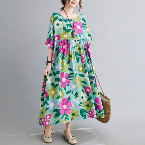 2021 Summer Fashion Short Sleeve Women Dress Large Size 4XL 5XL 6XL Boho Cotton Linen Dress Vintage Floral Printed Lady Dress