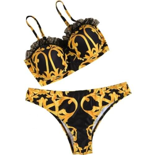Women Sexy Summer Lace Floral Print Padded Bikini Briefs Swimsuit Swimwear Set