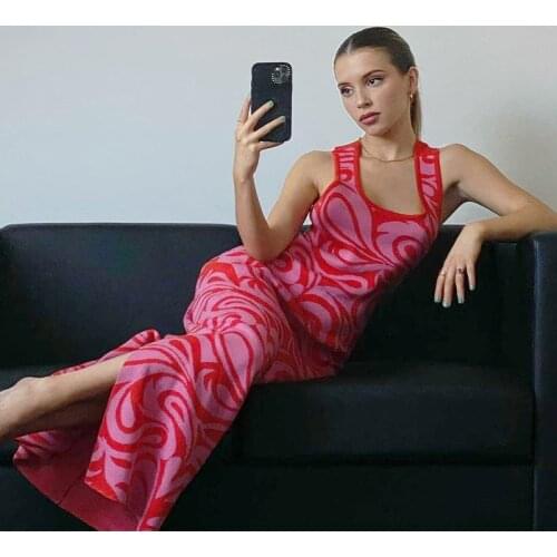Summer Y2K Vintage Knitted Midi Dress Women Sexy Sleeveless Off Shoulder Backless Split Party Bodycon Dresses Beach Style