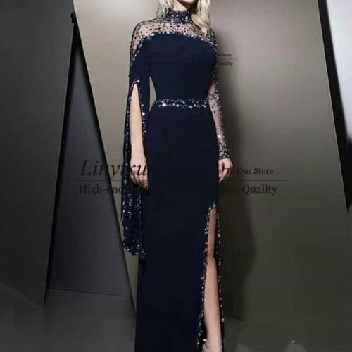 High Neck Navy Blue Formal Evening Dresses kaftan dubai Beaded Prom Dress Long sleeve Party Gowns Split robe de soiree
