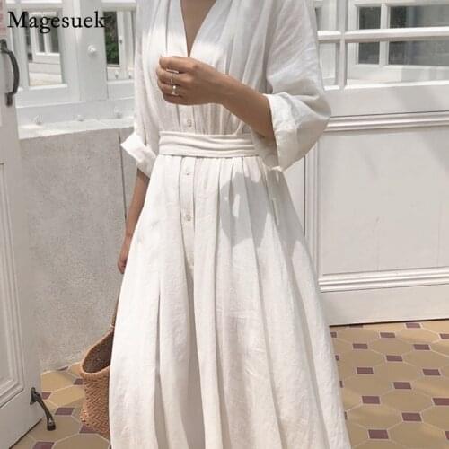 Vestido Plus Size White Women Dress Summer 2021 Solid Lace Up Loose Female Dress Elegant V Neck Vintage Long Dresses Woman 10054