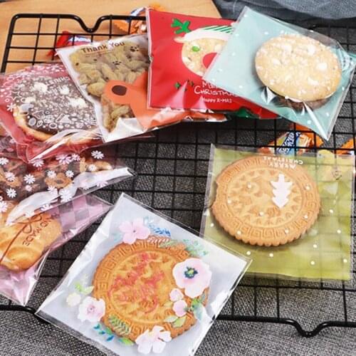 100pcs Cookie Gift Bags Christmas Santa Claus Snowman Cookie Packaging Bag