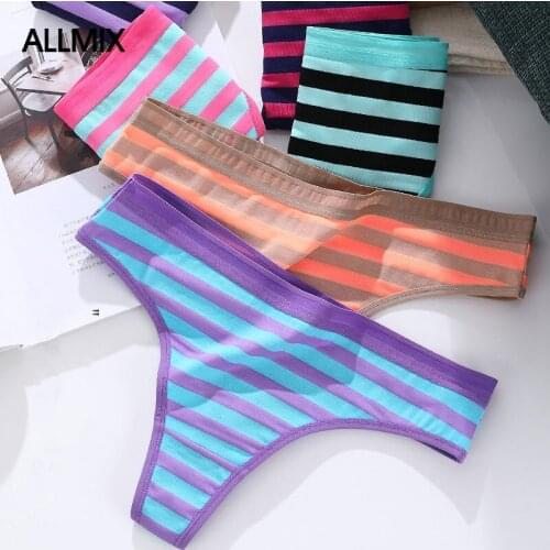 ALLMIX New Sexy Womens Pure Cotton Panties Underwear Seamless Sport Thongs Low Waist Striped Female Comfort Breathable G-String
